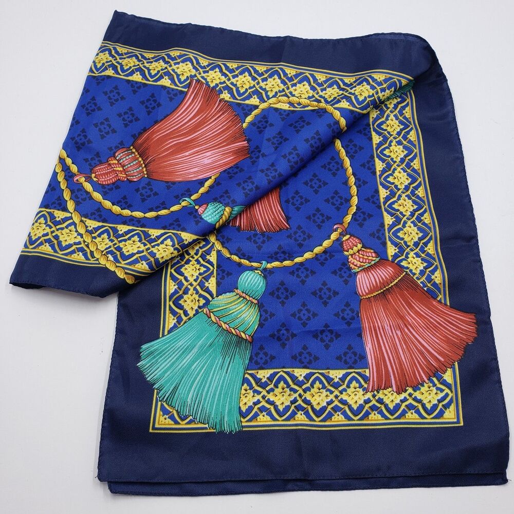 54x11” Vintage Avon Scarf Red Teal Tassel Motifs Made in Italy